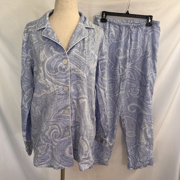 LAUREN RALPH LAUREN Paisley Blue White 2 PIECE PAJAMA Set size Medium - Picture 1 of 6